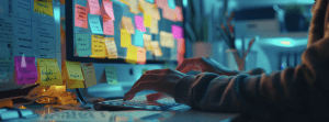 Focused individual working at a computer with organized sticky notes, representing efficient data management in substance use disorder treatment through EHR technology.