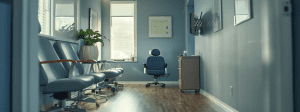 Calm and organized clinic waiting area with blue chairs and natural light, representing a streamlined behavioral health practice environment.