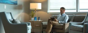 Man in a comfortable, well-lit addiction treatment center waiting area, using a tablet to access electronic health records (EHR). Represents digital integration in behavioral health settings, emphasizing patient engagement, telehealth, and secure data access.