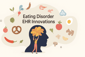 An illustrated head silhouette filled with food elements and a woman holding a bread loaf, representing the role of eating disorder EHR tools in supporting nutrition-focused behavioral health care.
