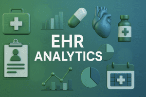3D graphics illustrating EHR analytics for behavioral health, with graphs and charts used to track clinical outcomes, patient progress, and operational performance.