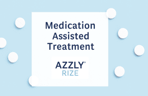 Graphic showing the words “Medication Assisted Treatment” surrounded by white tablets on a light blue background—representing MAT program EHR support in behavioral health.