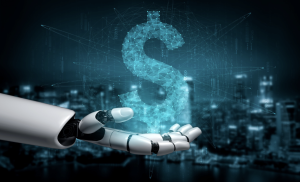 A robotic hand holding a digital dollar symbol, representing how automated claim submission uses technology and automation to accelerate reimbursements and reduce manual billing errors in healthcare.